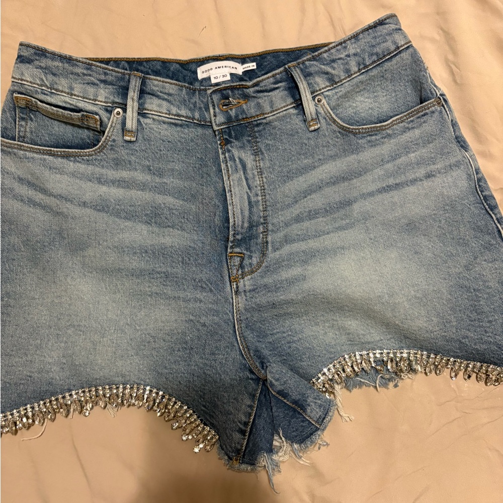 Good American Light Blue Jean Shorts with Fringe